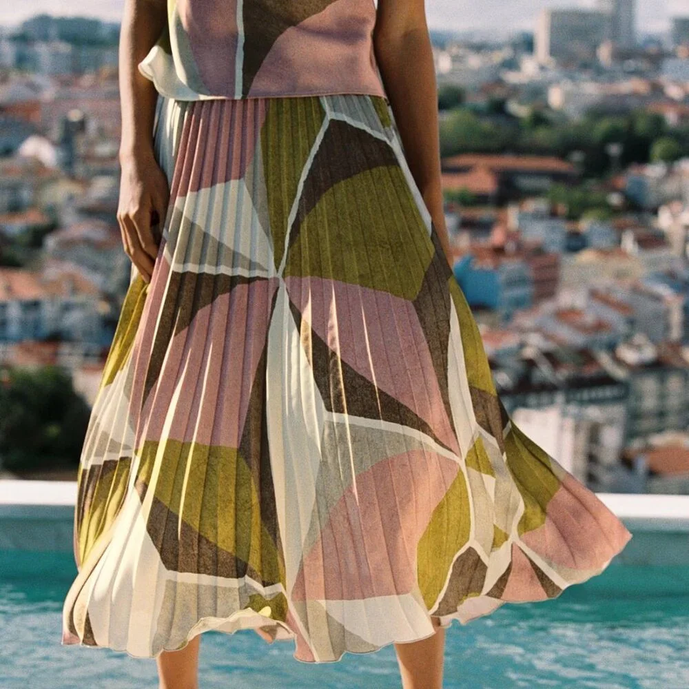 Zara Geometric Print Pleated Midi Skirt – Size M Sustainable Recycled Polyester